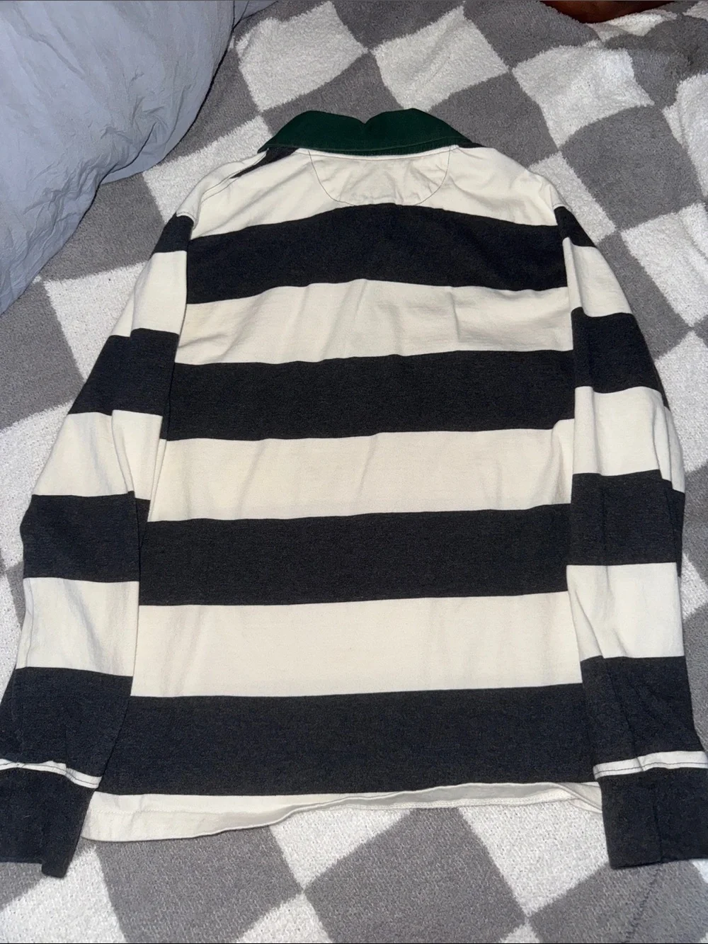 Polo by Ralph Lauren Black & White Striped Rugby with Green Collar- Youth Medium